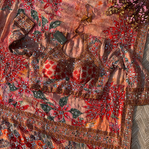 Peach Georgette Saree with Blouse with Mirror, Zari, Sequins, Swarovski and Printed Embroidery 14