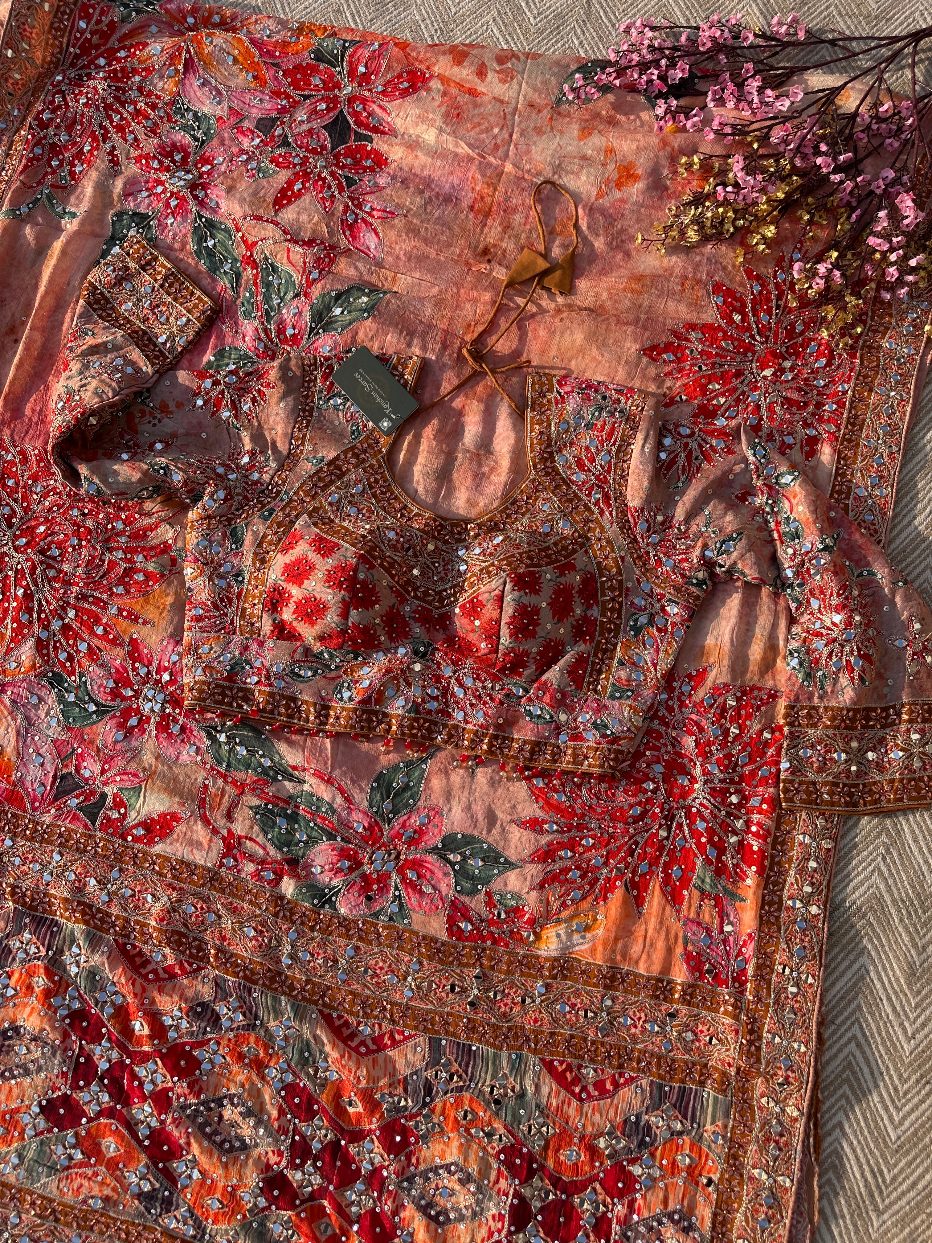 Peach Georgette Saree with Blouse with Mirror, Zari, Sequins, Swarovski and Printed Embroidery 14
