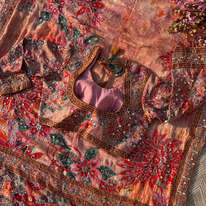 Peach Georgette Saree with Blouse with Mirror, Zari, Sequins, Swarovski and Printed Embroidery 15