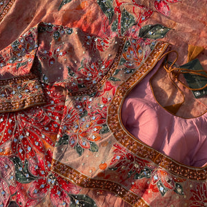 Peach Georgette Saree with Blouse with Mirror, Zari, Sequins, Swarovski and Printed Embroidery 16