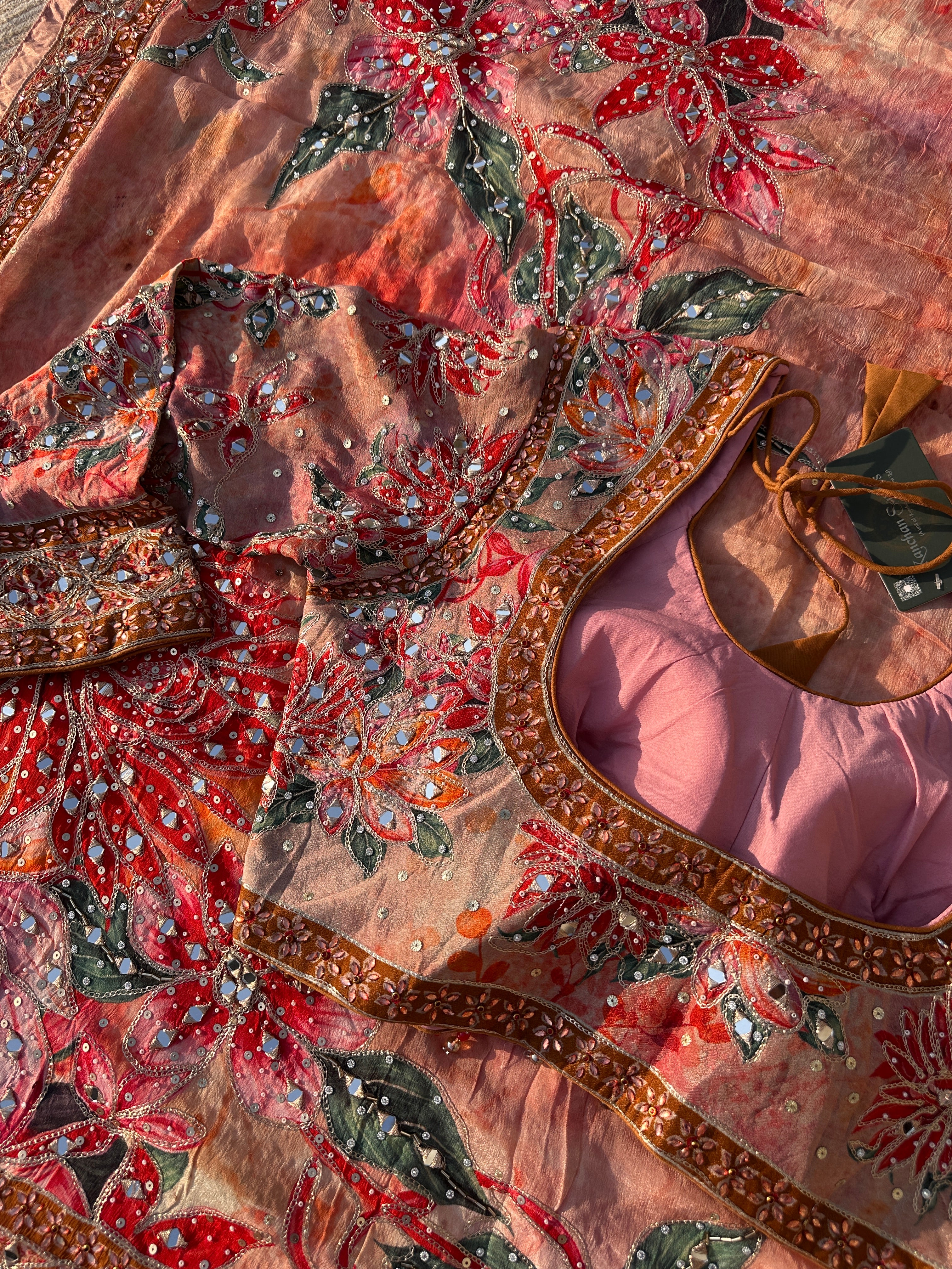 Peach Georgette Saree with Blouse with Mirror, Zari, Sequins, Swarovski and Printed Embroidery 16