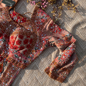 Peach Georgette Saree with Blouse with Mirror, Zari, Sequins, Swarovski and Printed Embroidery 3