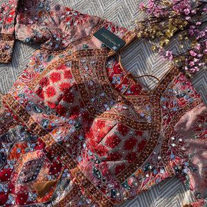 Peach Georgette Saree with Blouse with Mirror, Zari, Sequins, Swarovski and Printed Embroidery 4