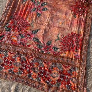 Peach Georgette Saree with Blouse with Mirror, Zari, Sequins, Swarovski and Printed Embroidery 8