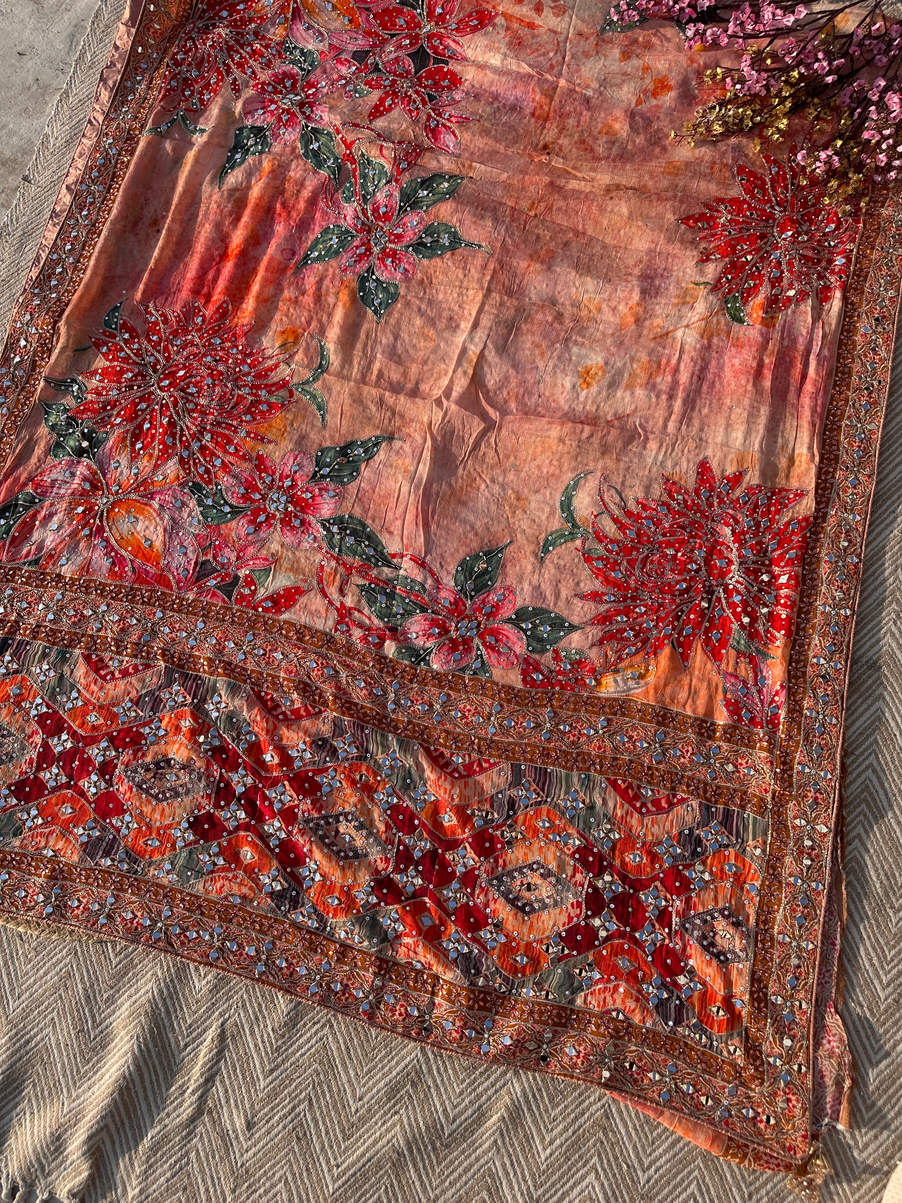 Peach Georgette Saree with Blouse with Mirror, Zari, Sequins, Swarovski and Printed Embroidery 8