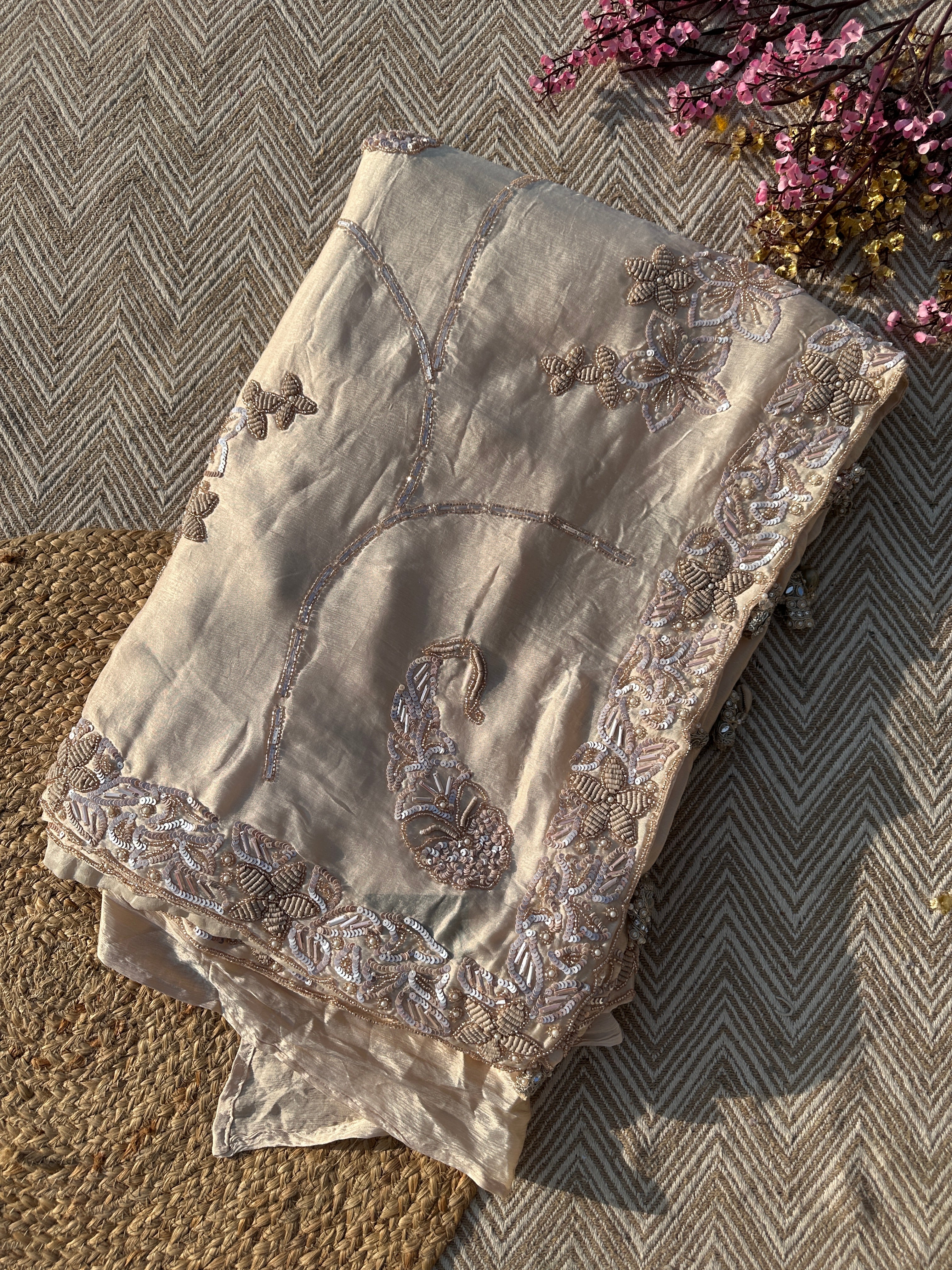 Cream Crepe Saree with Unstitched Blouse with Sequins, Zari, Cutdana and Hand Work Embroidery 1