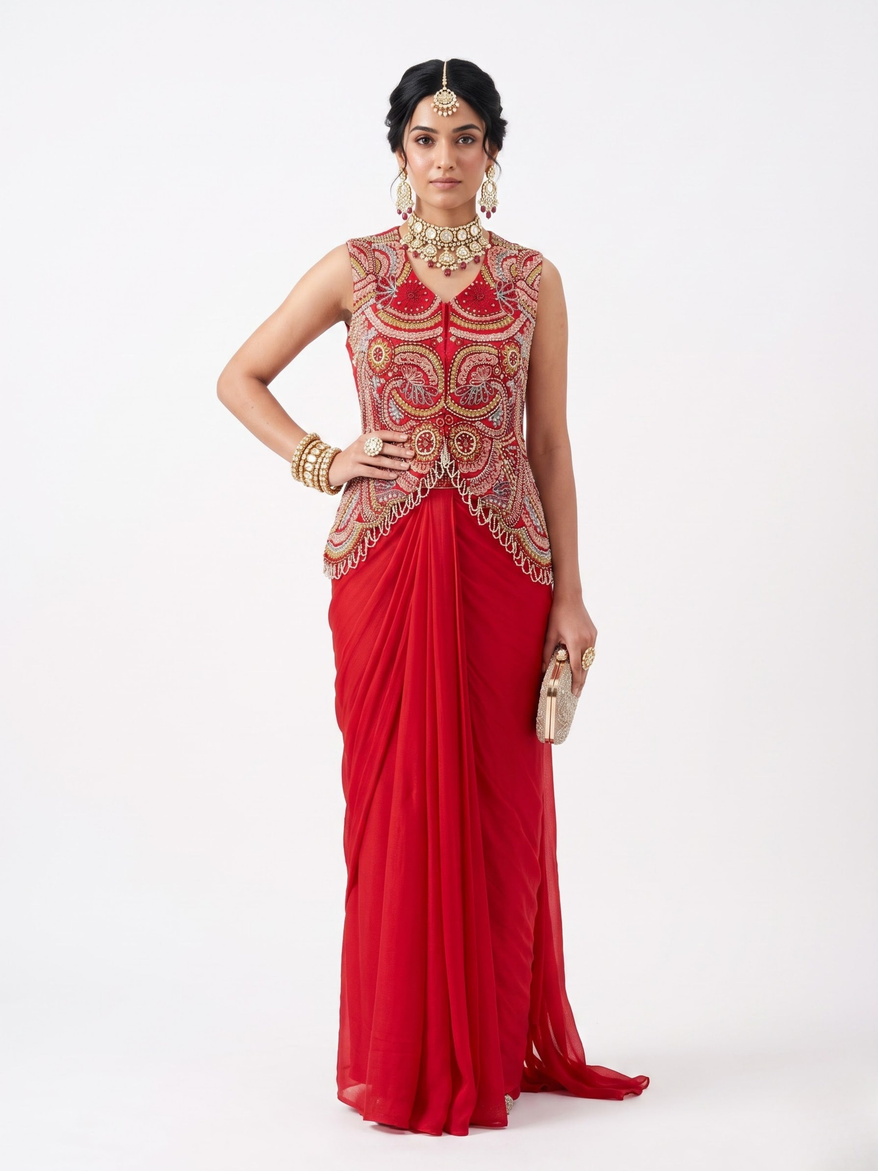 Rani Chinon Indo Western with Cutdana, Sequins, Pearl and Dabka Embroidery 1