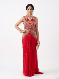 Red Chinon Indo Western with Cutdana, Sequins, Pearl and Dabka Embroidery