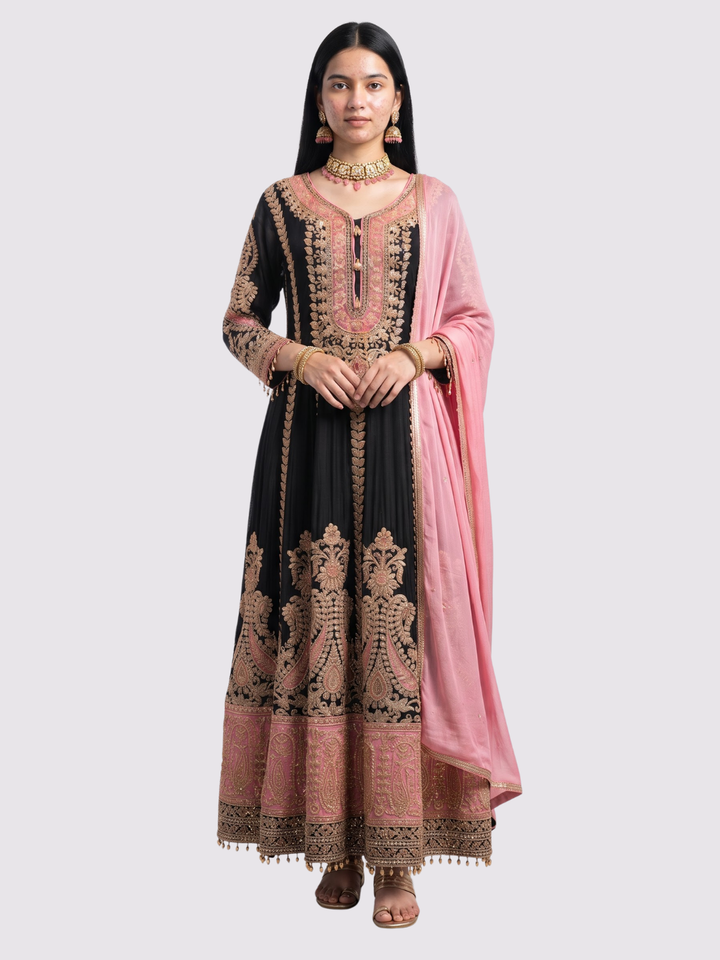 Black Chinon Indo Western with Cutdana Embroidery 1
