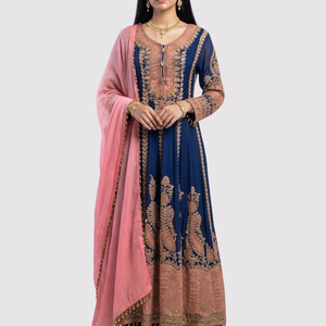 Blue Chinon Indo Western with Cutdana Embroidery 1