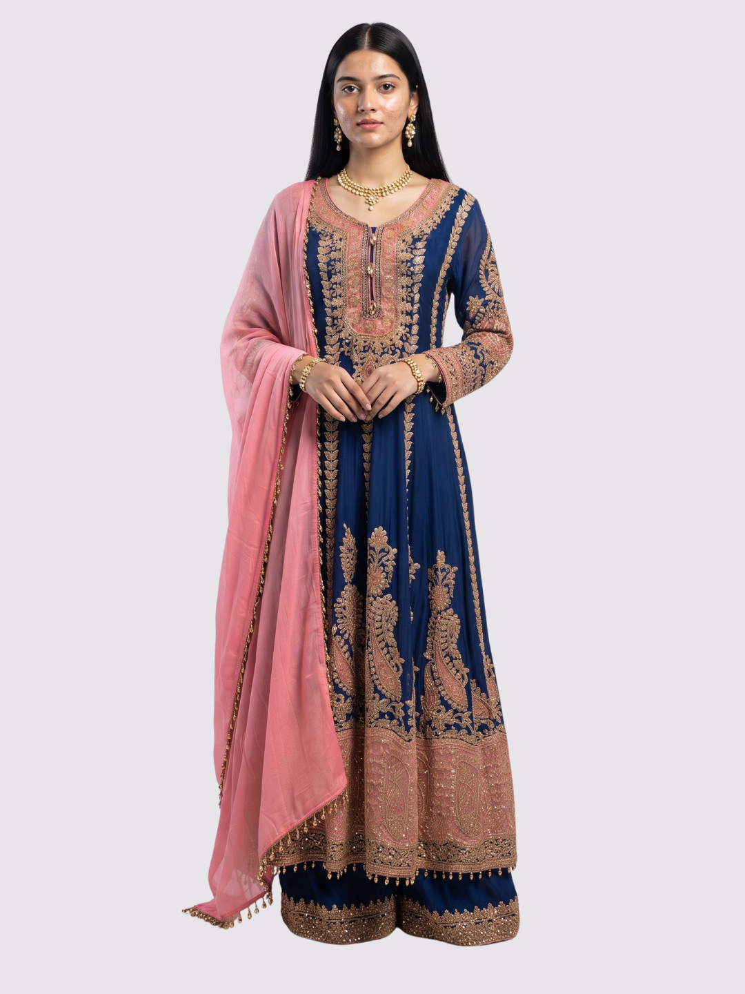 Blue Chinon Indo Western with Cutdana Embroidery 1