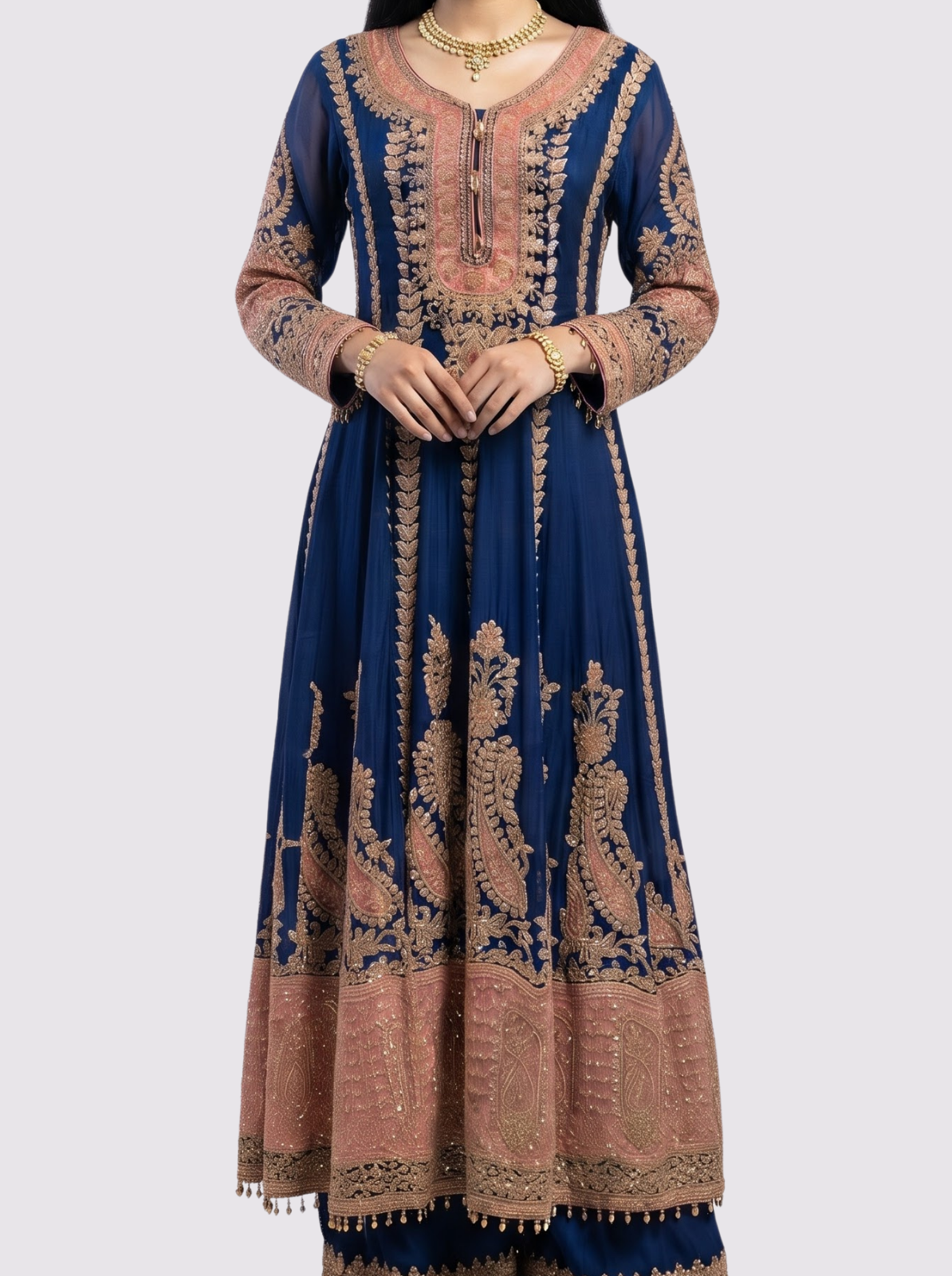 Blue Chinon Indo Western with Cutdana Embroidery 2