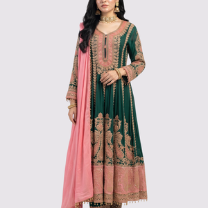 Bottle Green Chinon Indo Western with Cutdana Embroidery 1