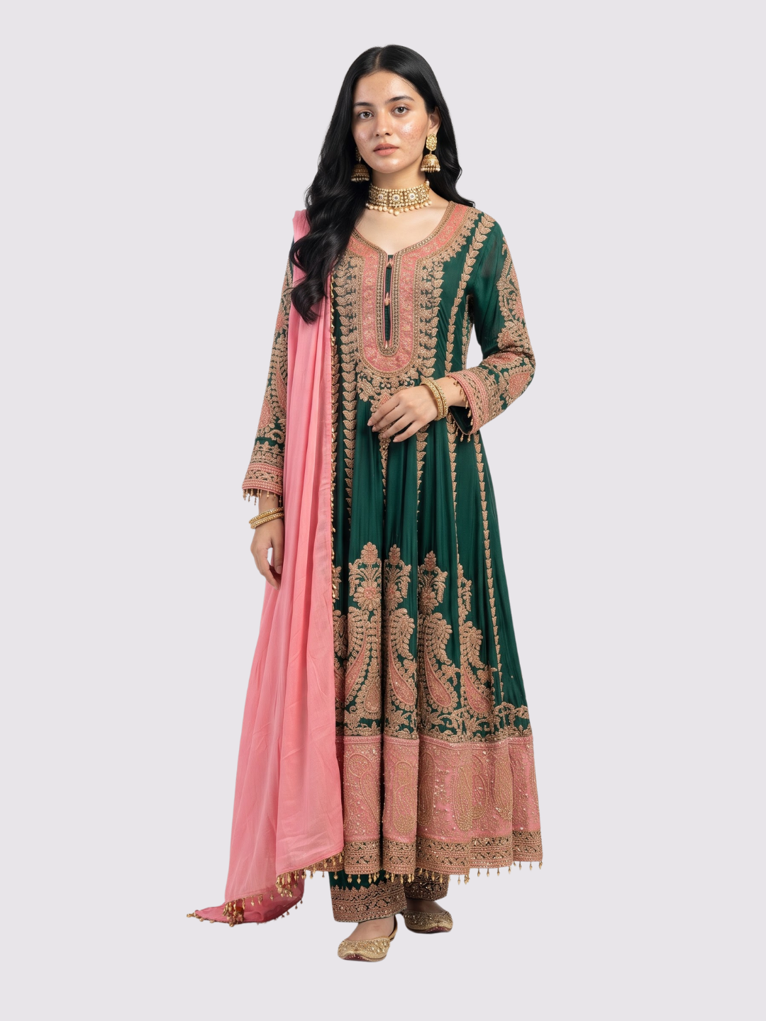 Bottle Green Chinon Indo Western with Cutdana Embroidery 1
