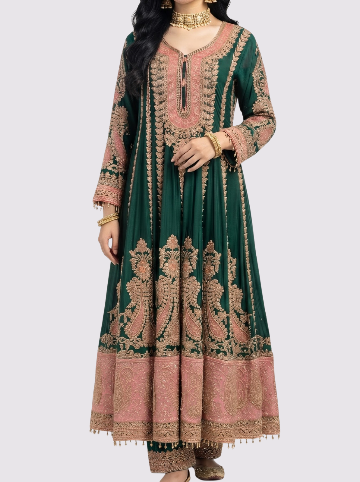 Bottle Green Chinon Indo Western with Cutdana Embroidery 2