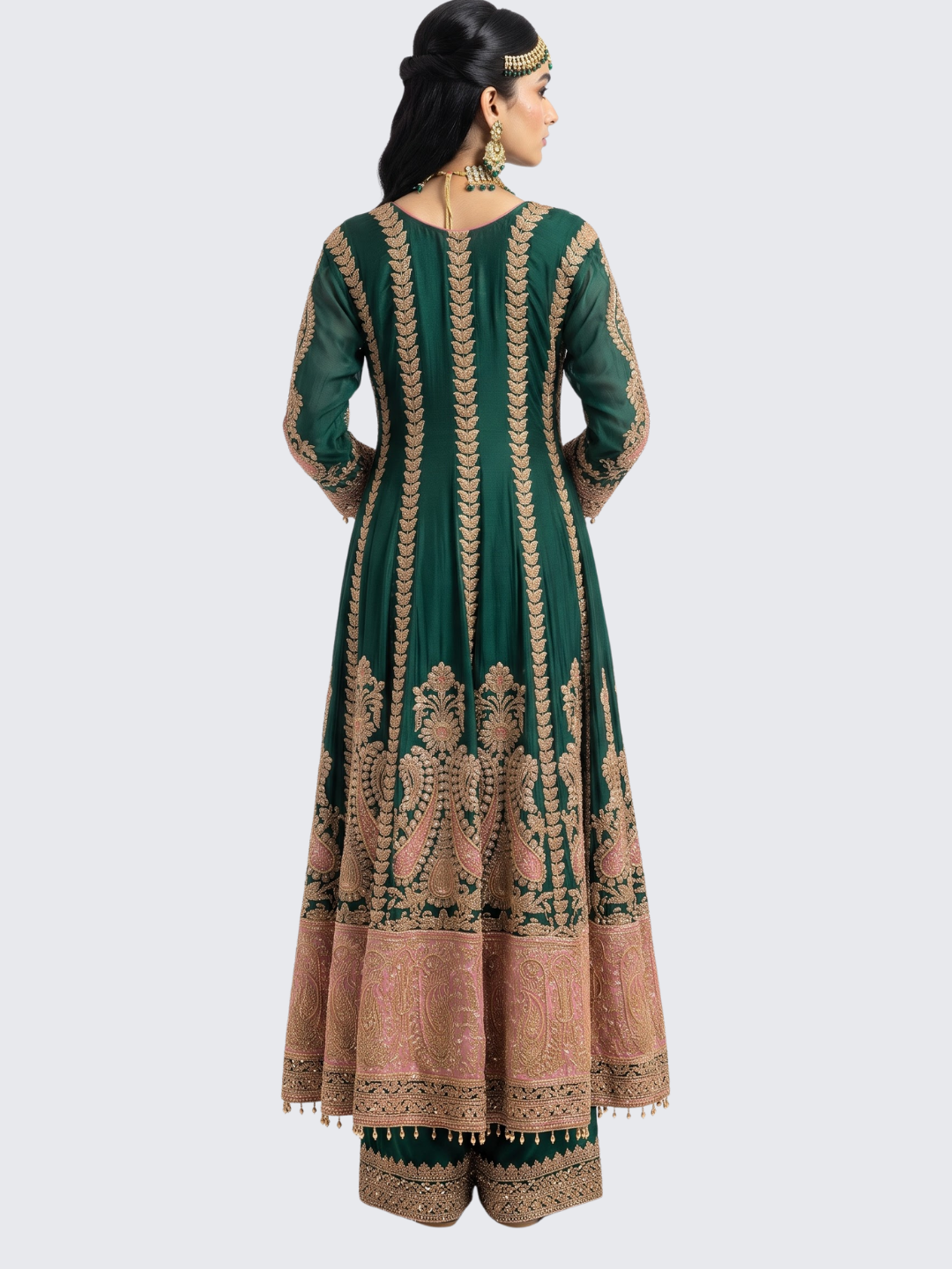 Bottle Green Chinon Indo Western with Cutdana Embroidery 6