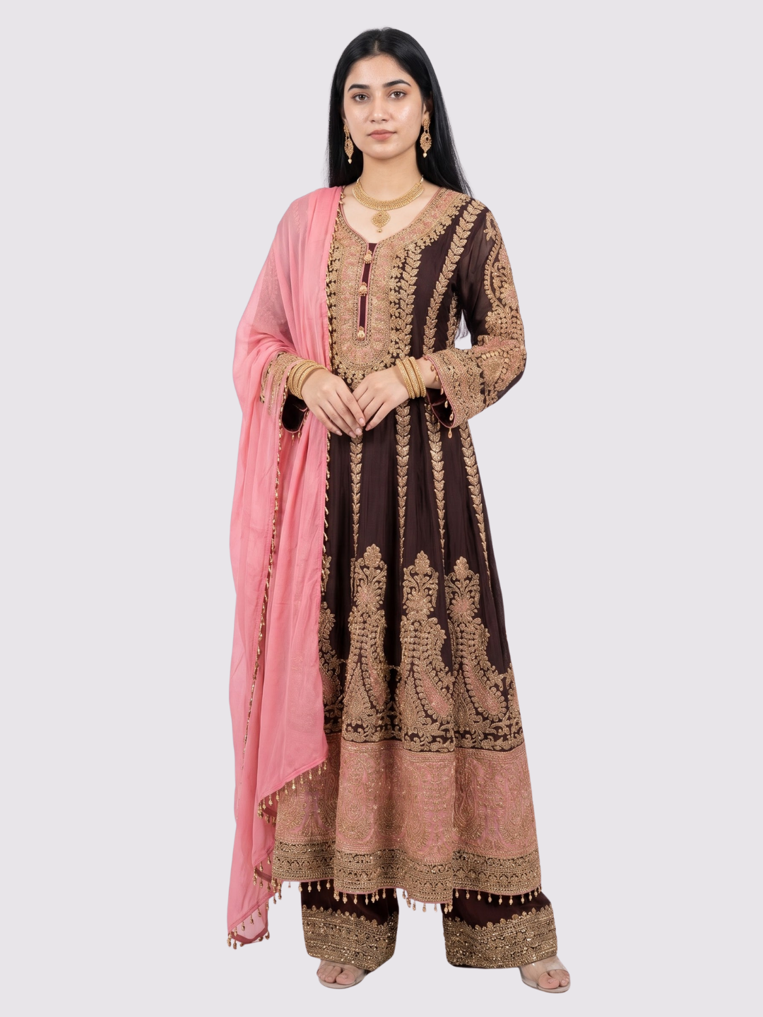 Maroon Chinon Indo Western with Cutdana Embroidery 1