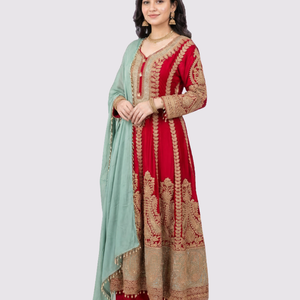 Red Chinon Indo Western with Cutdana Embroidery 1