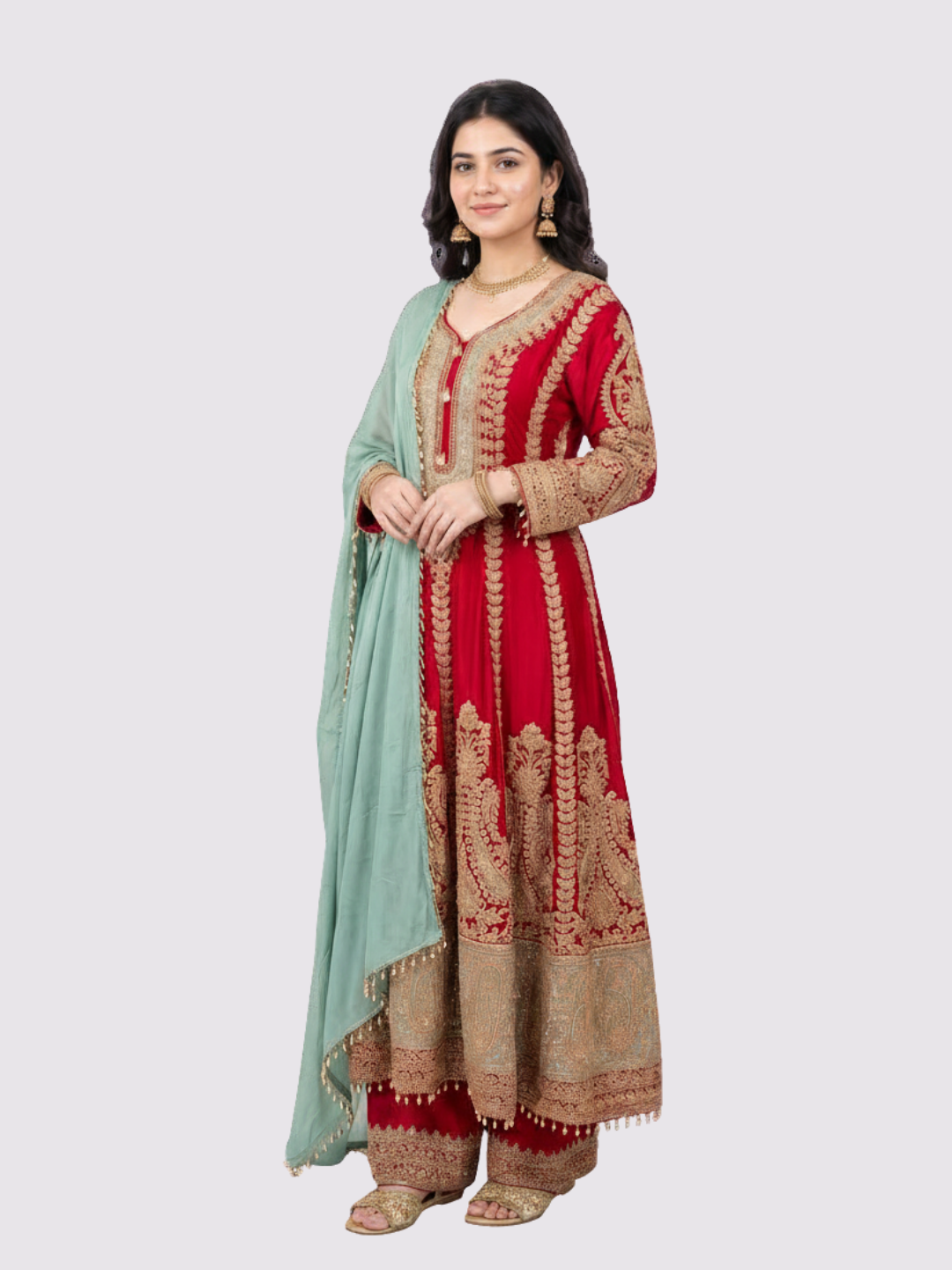 Red Chinon Indo Western with Cutdana Embroidery 1