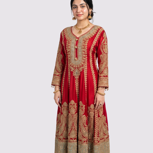 Red Chinon Indo Western with Cutdana Embroidery 2