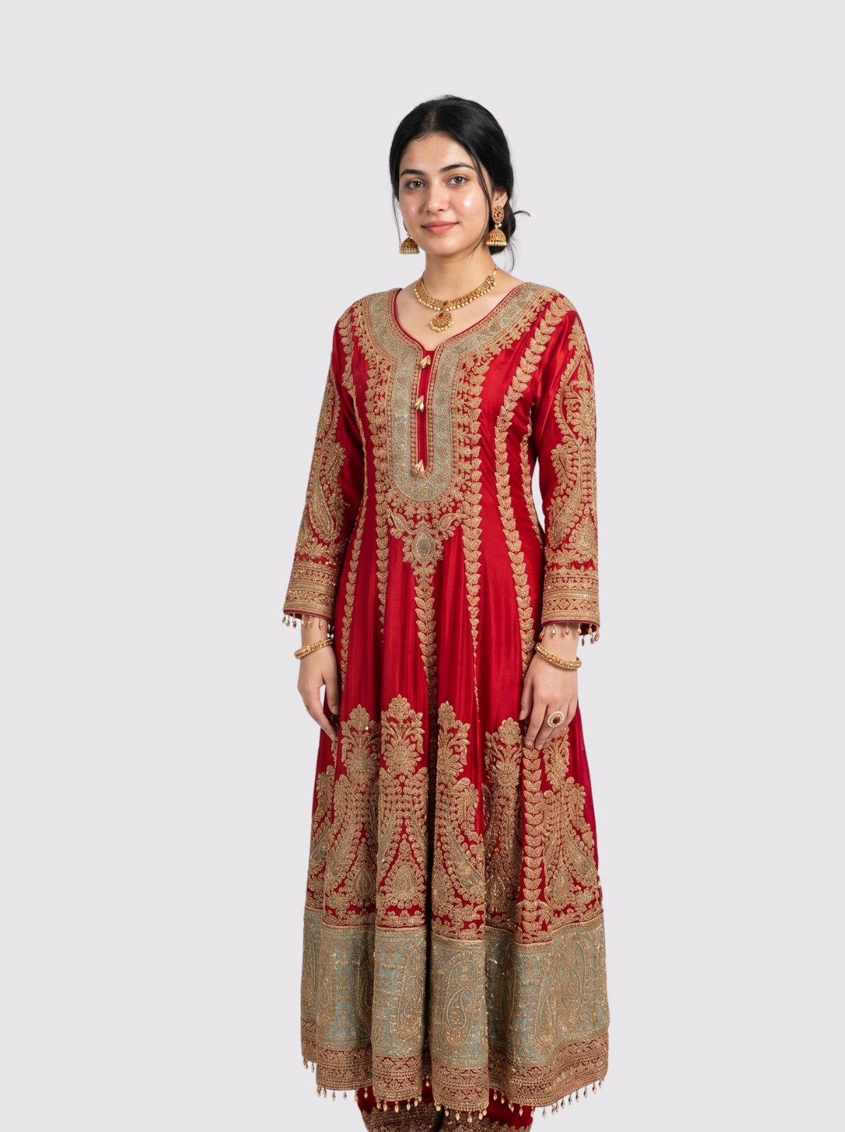 Red Chinon Indo Western with Cutdana Embroidery 2