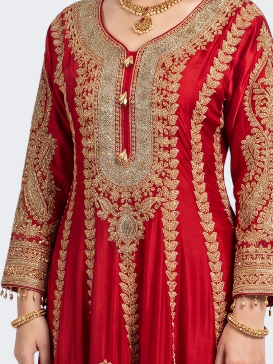 Red Chinon Indo Western with Cutdana Embroidery 3