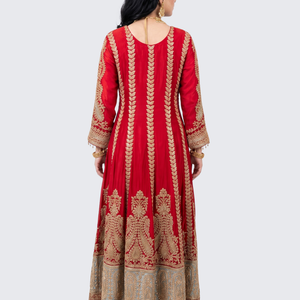 Red Chinon Indo Western with Cutdana Embroidery 6