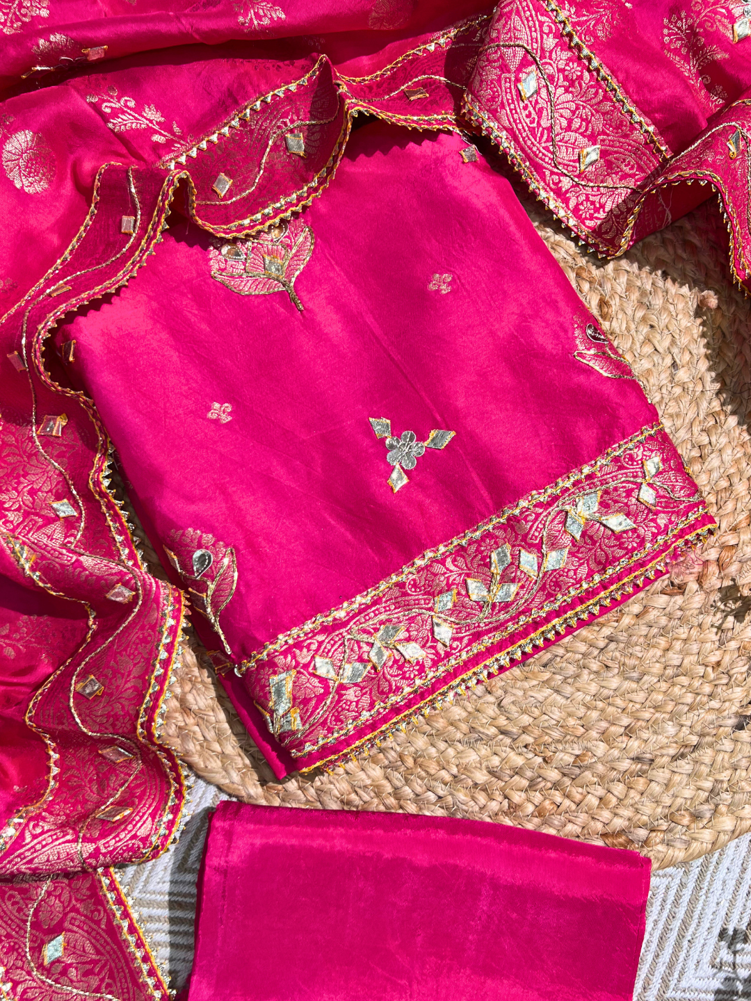 Light Pink Silk Unstitched Suit with Gota Embroidery 1