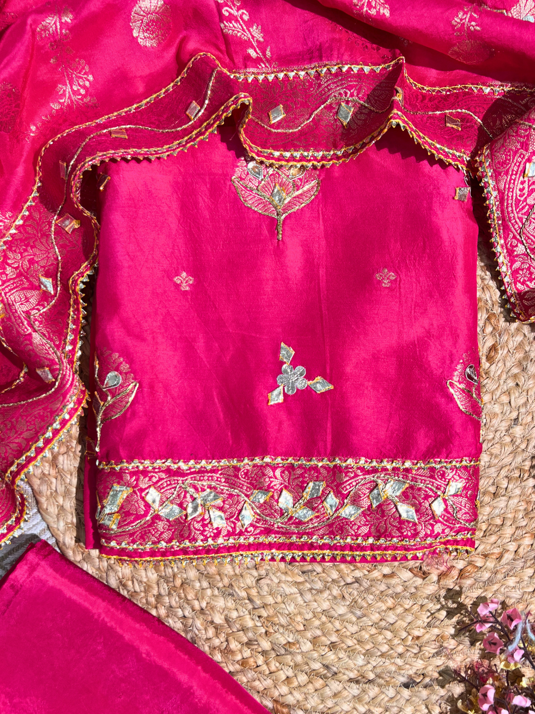Light Pink Silk Unstitched Suit with Gota Embroidery 2