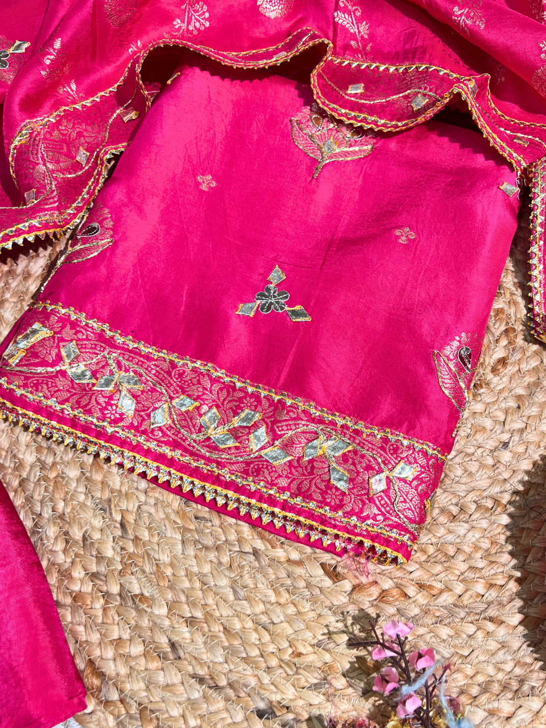 Light Pink Silk Unstitched Suit with Gota Embroidery 3
