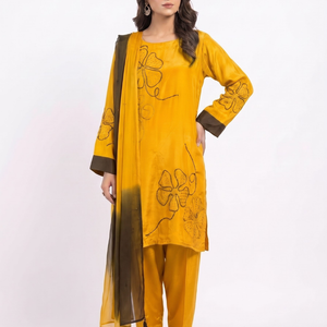 Mustard Crepe Suit with Cutdana Embroidery 1