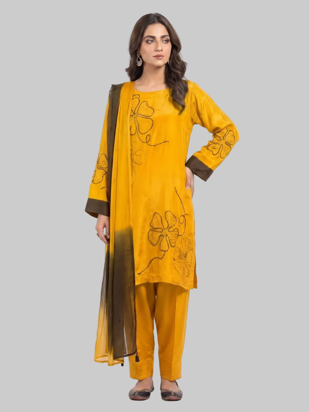 Mustard Crepe Suit with Cutdana Embroidery 1
