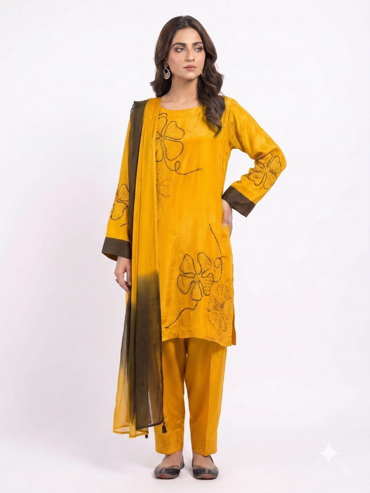 Mustard Crepe Suit with Cutdana Embroidery 1