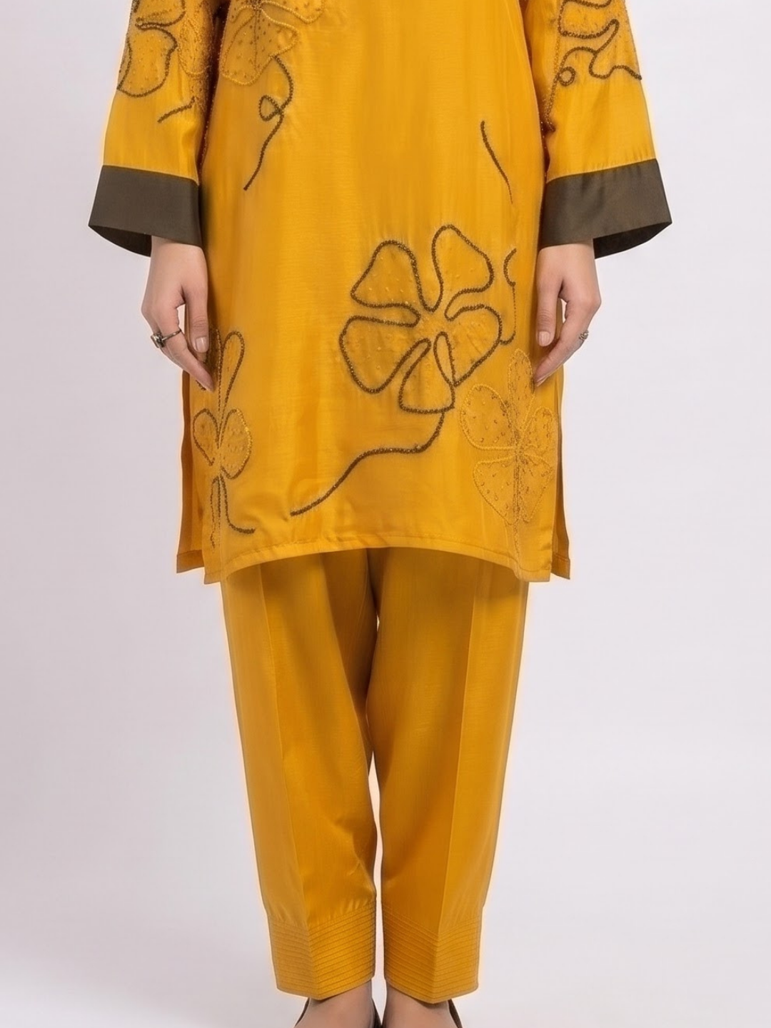 Mustard Crepe Suit with Cutdana Embroidery 4