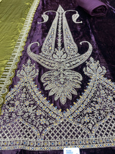 Purple Velvet Unstitched Suit with Zari and thread Embroidery