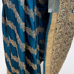 Peacock Green Blended Silk Unstitched Saree With Cut Dana & Sequins Work