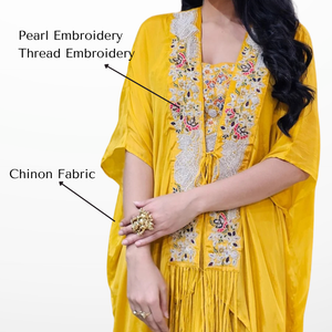 Yellow Chinon Indowestern Top,Jacket and Bottom with Resham Thread and Pearl Work