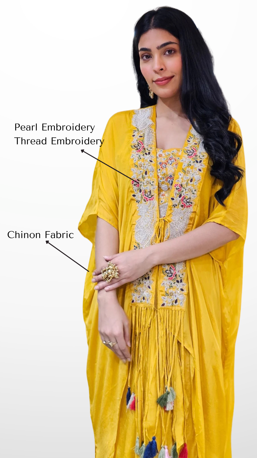 Yellow Chinon Indowestern Top,Jacket and Bottom with Resham Thread and Pearl Work