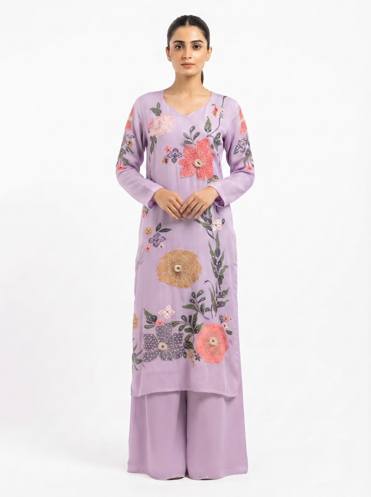 Lavender Chinon Indo Western with Cutdana, Sequins, Pearl and Printed Embroidery 2