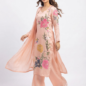 Peach Chinon Indo Western with Cutdana, Sequins, Pearl and Printed Embroidery 1
