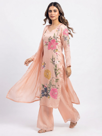 Peach Chinon Indo Western with Cutdana, Sequins, Pearl and Printed Embroidery
