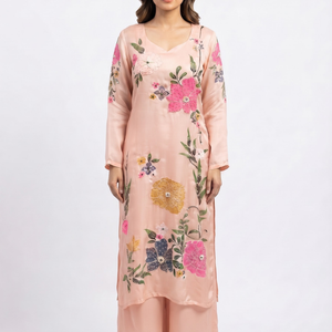 Peach Chinon Indo Western with Cutdana, Sequins, Pearl and Printed Embroidery 2