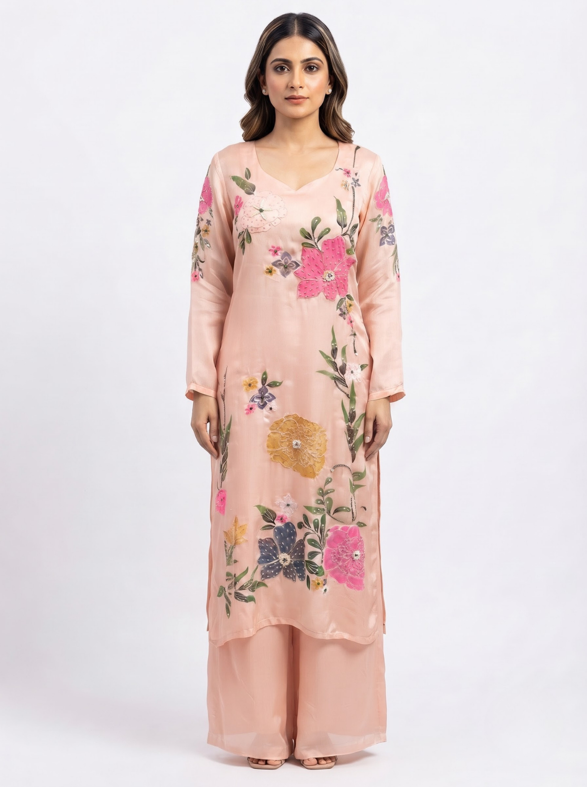 Peach Chinon Indo Western with Cutdana, Sequins, Pearl and Printed Embroidery 2