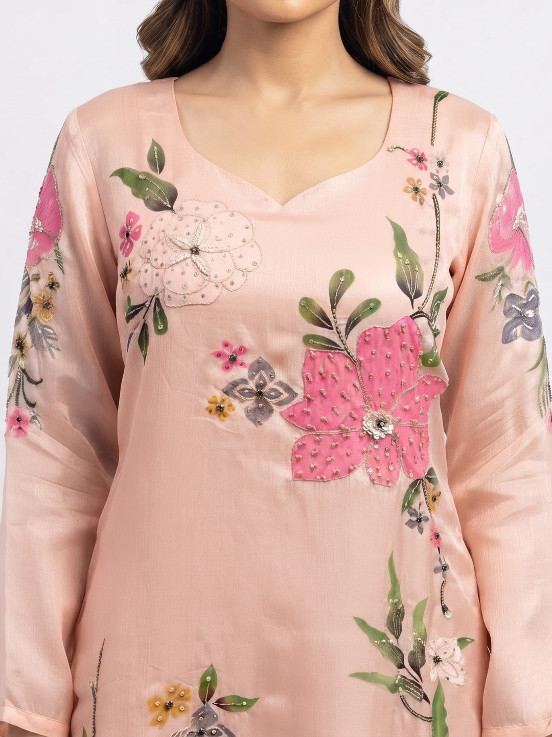 Peach Chinon Indo Western with Cutdana, Sequins, Pearl and Printed Embroidery 3