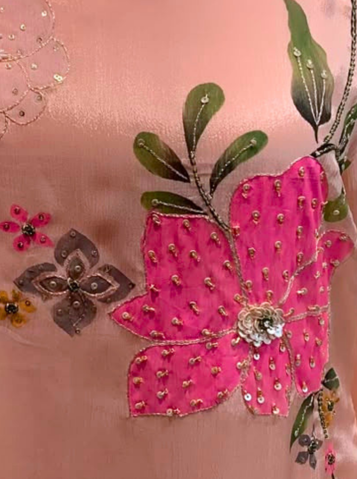 Peach Chinon Indo Western with Cutdana, Sequins, Pearl and Printed Embroidery 4