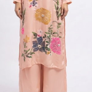 Peach Chinon Indo Western with Cutdana, Sequins, Pearl and Printed Embroidery 5