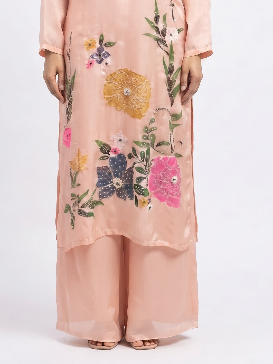 Peach Chinon Indo Western with Cutdana, Sequins, Pearl and Printed Embroidery 5