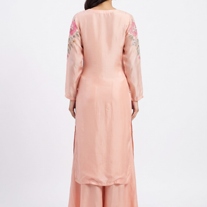 Peach Chinon Indo Western with Cutdana, Sequins, Pearl and Printed Embroidery 6