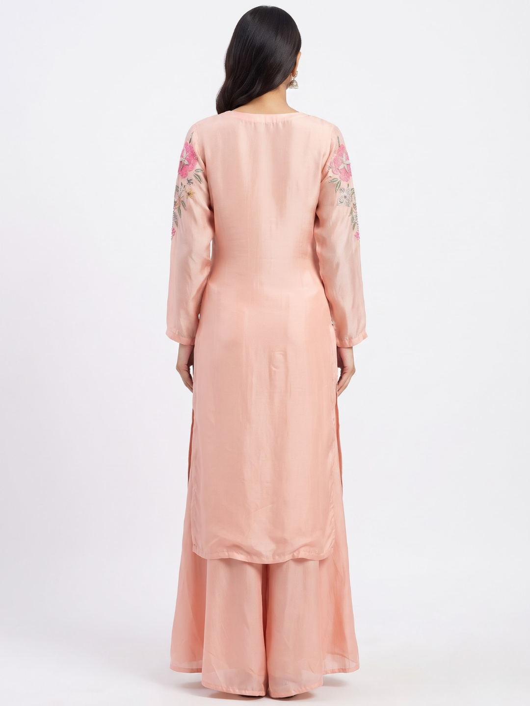 Peach Chinon Indo Western with Cutdana, Sequins, Pearl and Printed Embroidery 6