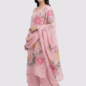 Pink Chinon Indo Western with Cutdana, Sequins, Pearl and Printed Embroidery 1